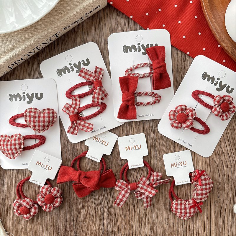 Tie Clip Set - New Red Plaid Bow Bangs Hair